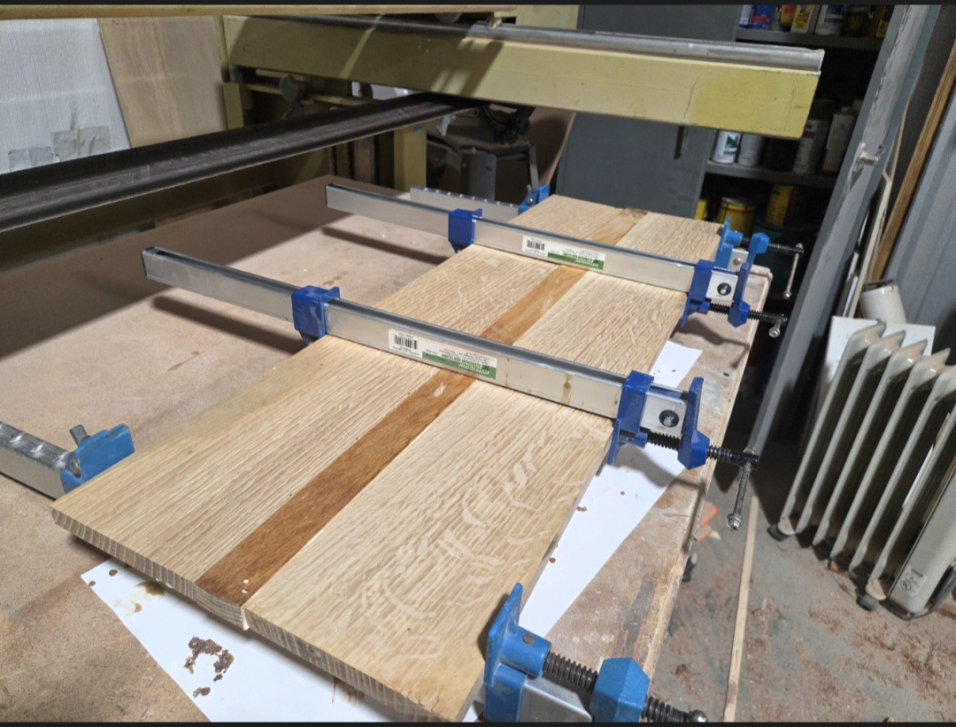 Oak panel glue-up in the Crafted Carvings workshop
