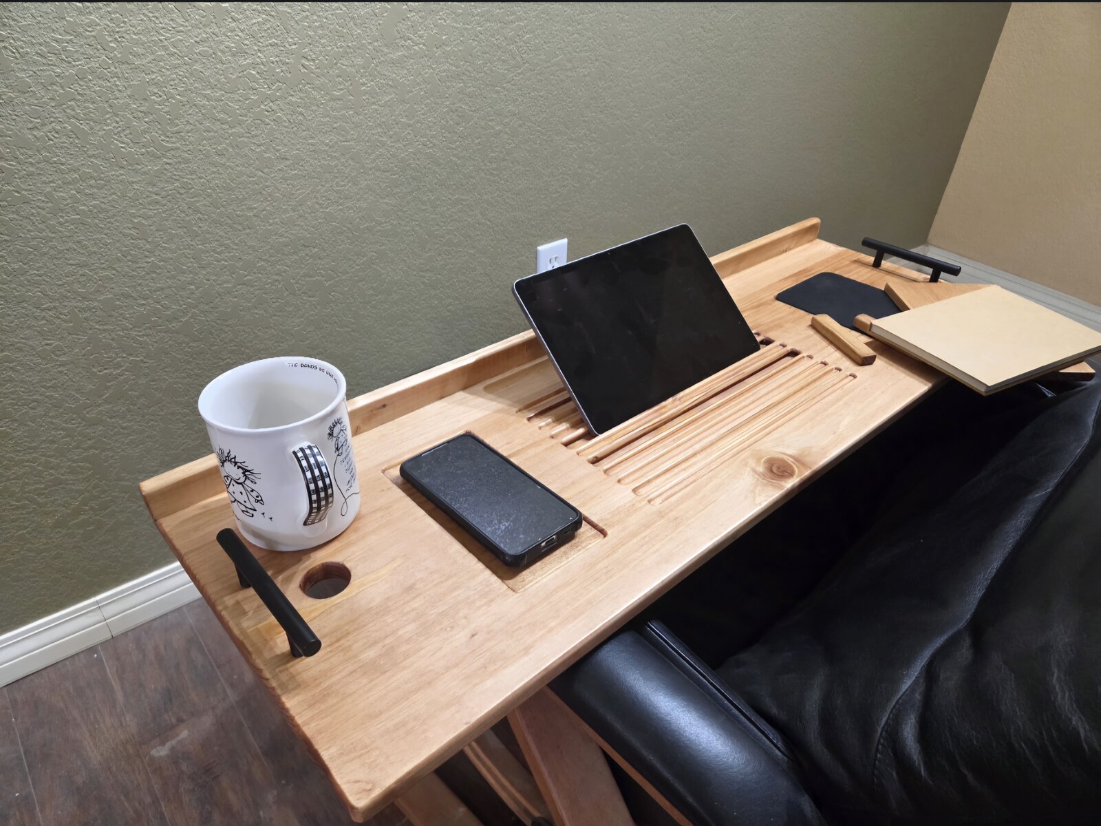 Solid wood recliner tray with mug, phone and tablet slots