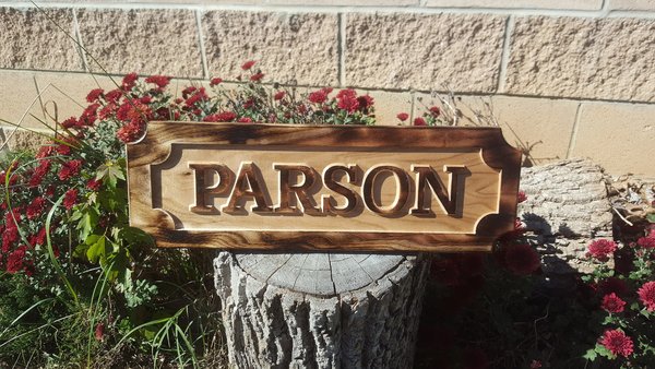 Family Sign Custom Routed Hard Wood House Warming Closing Realtor Gift Personalized Butternut Walnut Torched Outset Lettering Fancy Shape