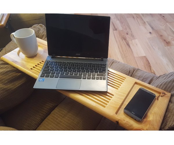 8" x 25-29" Small Laptop Wood Tray for Recliner Carved Lap Desk Dinner OPTIONAL Tablet Slot Vent Holes Book holder Cell Mug Wine Holders
