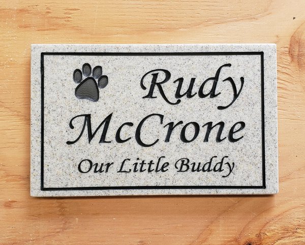 Engraved Pet Memorial Sign: Weatherproof Corian Stone Grave Marker (5" x 8")