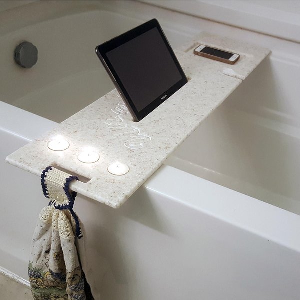 30-34" x 8" Bathtub Tray Solid Corian Bath caddy Waterproof Tub tray Optional Candle Holder Wine Glass Slot Tablet Book Stand