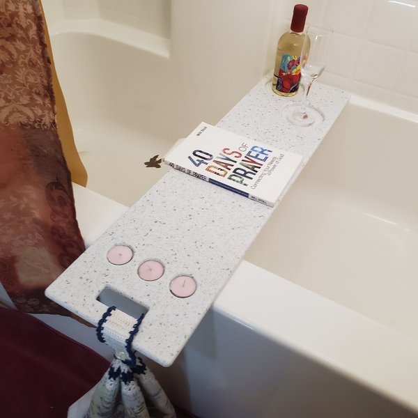 35-39" x 8" Long Bathtub Tray Solid Corian Bath Caddy Waterproof Optional Tablet Cell Phone Wine Candle Book Holder  Spa Day