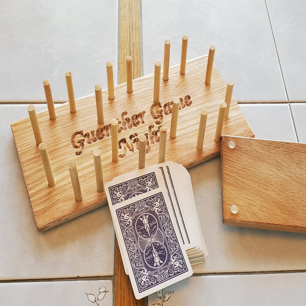 Personalized Oak Playing Card Holder: Deck Tray, Game Night
