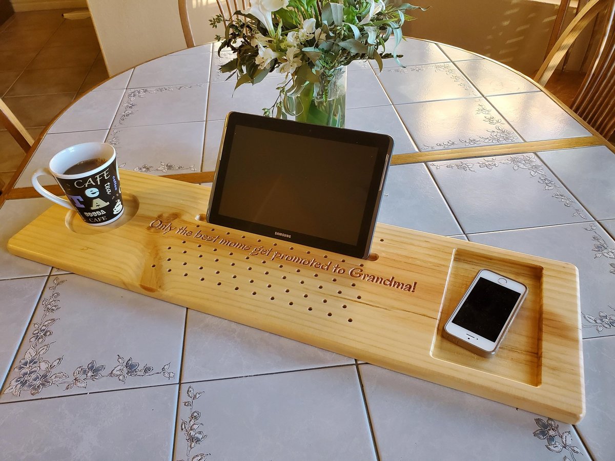 8" x 25-29" Small Laptop Wood Tray for Recliner Carved Lap Desk Dinner OPTIONAL Tablet Slot Vent Holes Book holder Cell Mug Wine Holders
