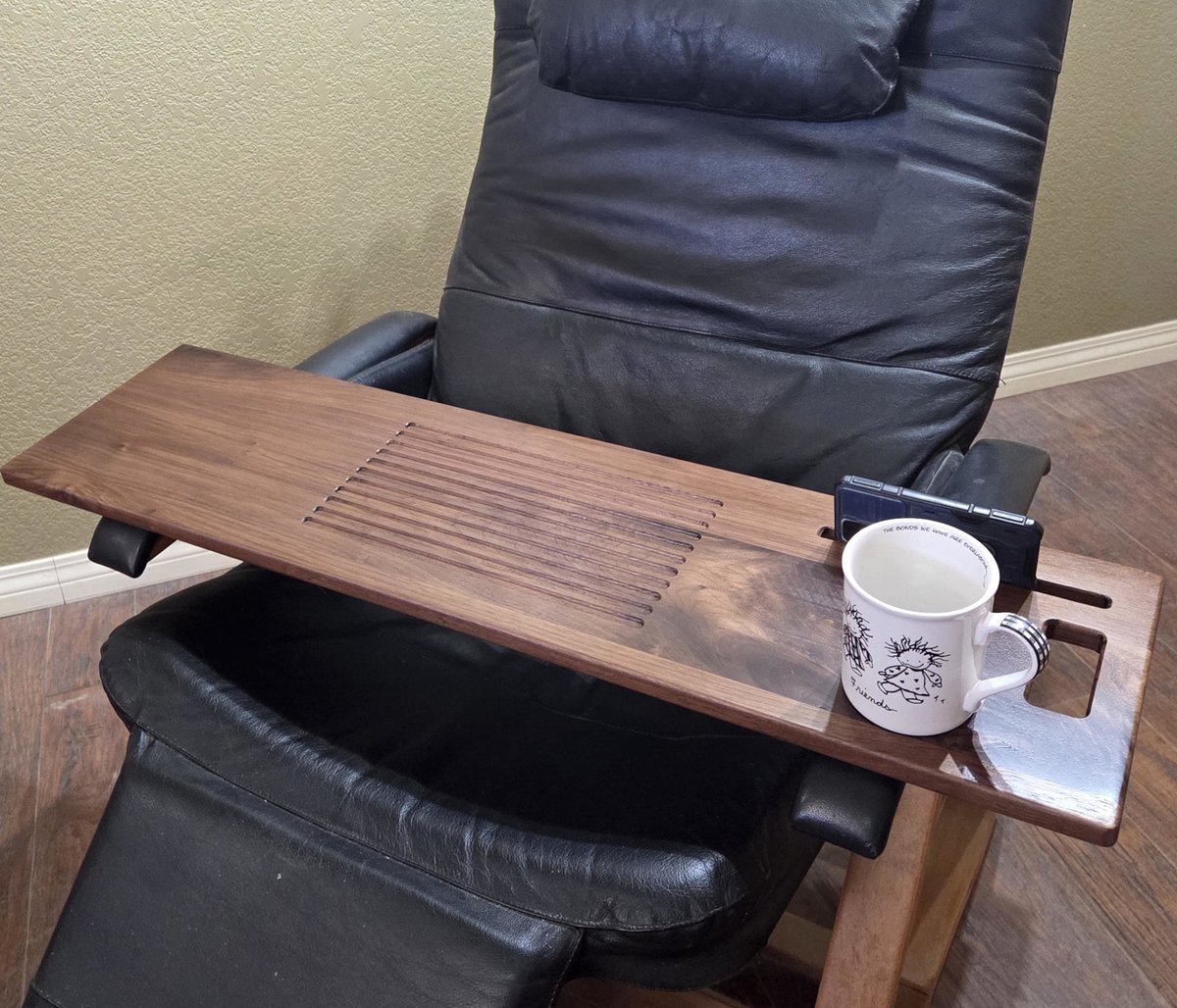 12" x 35-39" Extra Wide Wood Laptop Tray for Recliner Carved Lap Desk OPTIONAL Tablet Slot, Vent Holes, Book holder Cell Mug Wine Holders