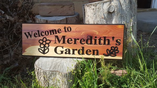 Personalized Cedar Garden Sign: Custom Routed Wood, Floral Design