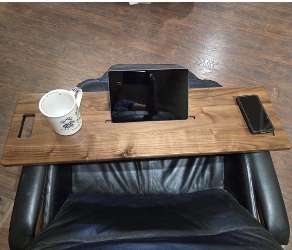 10" x 30-34" Laptop Wood Tray for Recliner Carved Lap Desk Dinner OPTIONAL Tablet Slot, Vent Holes, Book holder Cell Mug Wine Holders