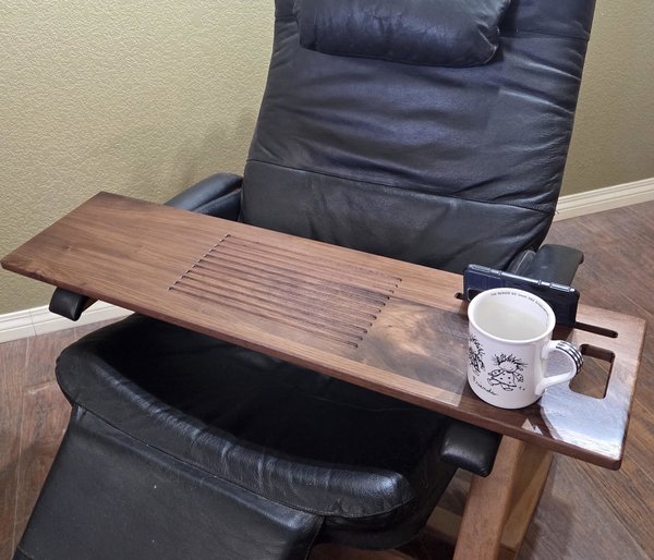 12" x 35-39" Extra Wide Wood Laptop Tray for Recliner Carved Lap Desk OPTIONAL Tablet Slot, Vent Holes, Book holder Cell Mug Wine Holders
